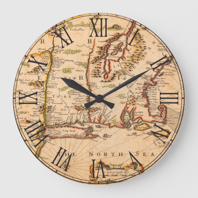 1600s New England Map of Native American Tribes Large Clock (Front)