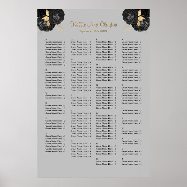 160 Black And Gold Floral Wedding Seating Chart (Front)