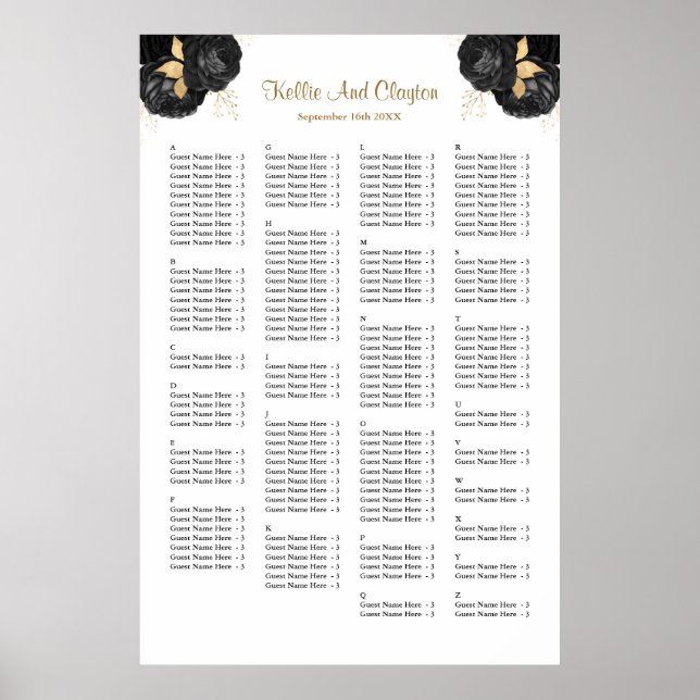 160 Black And Gold Floral Wedding Seating Chart (Front)
