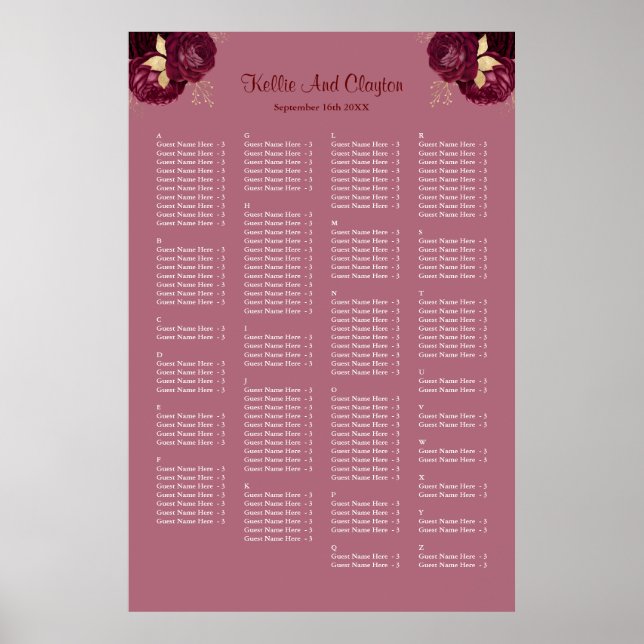 160 Burgundy And Gold Floral Wedding Seating Chart (Front)