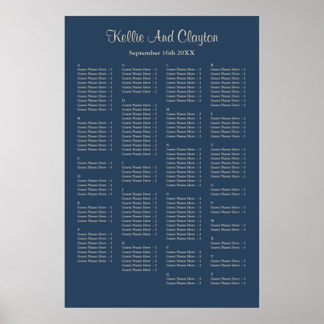 160 Classic Blue Simple Wedding Seating Chart (Front)