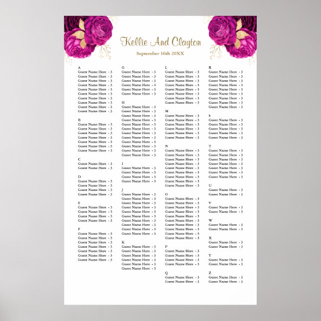 160 Pink And Gold Floral Wedding Seating Chart (Front)