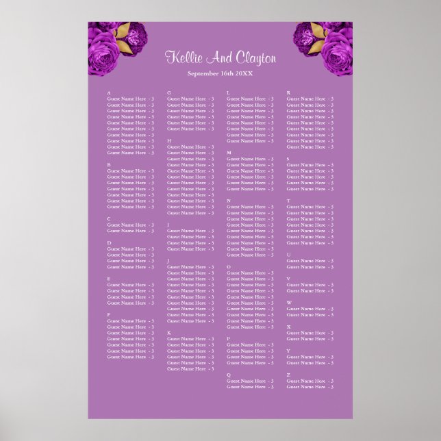 160 Purple And Gold Floral Wedding Seating Chart (Front)