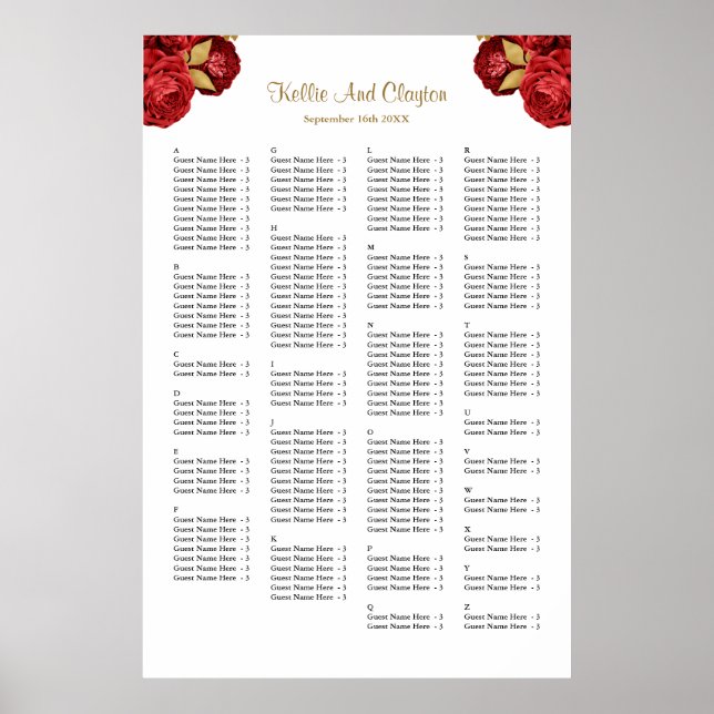 160 Red And Gold Floral Wedding Seating Chart (Front)