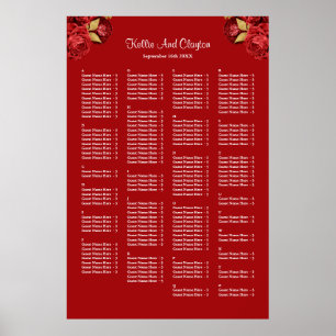 160 Red And Gold Floral Wedding Seating Chart