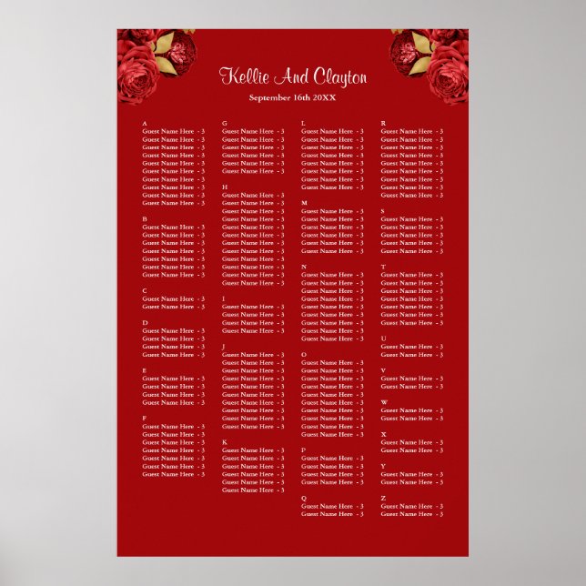 160 Red And Gold Floral Wedding Seating Chart (Front)