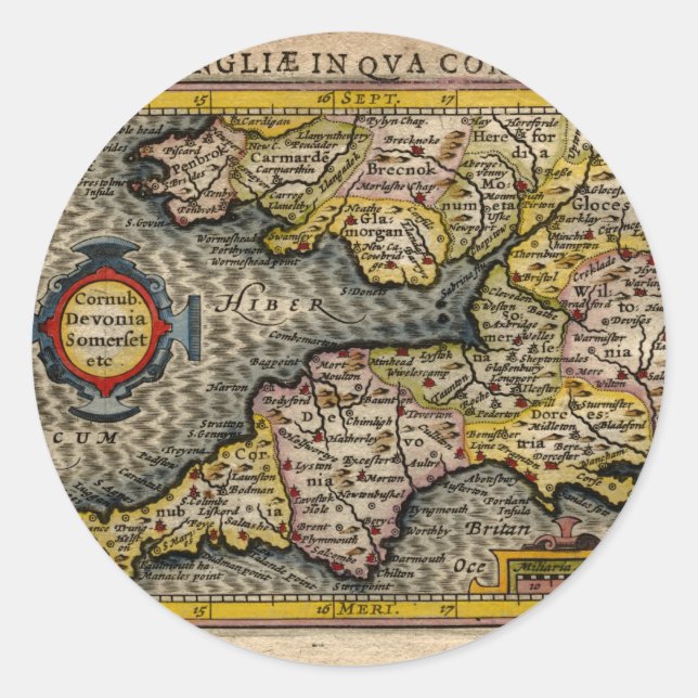 1610 Map of Cornwall, Devon, Somerset, etc... Classic Round Sticker (Front)