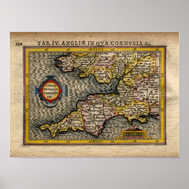 1610 Map of Cornwall, Devon, Somerset, etc... Poster (Front)