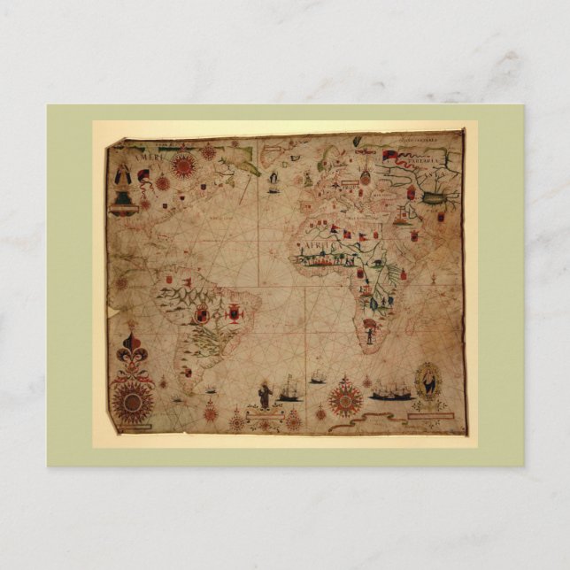 1633 Atantic Ocean Portolan Chart - Pascoal Roiz Postcard (Front)