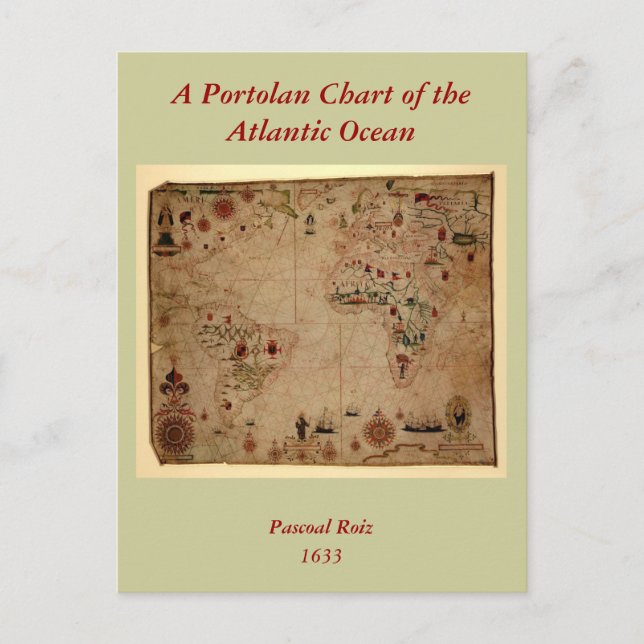 1633 Atantic Ocean Portolan Chart - Pascoal Roiz Postcard (Front)