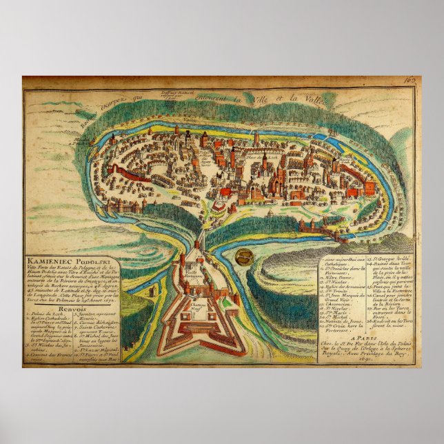 1691 French Map of the City of Kamianets Podilskyi Poster (Front)