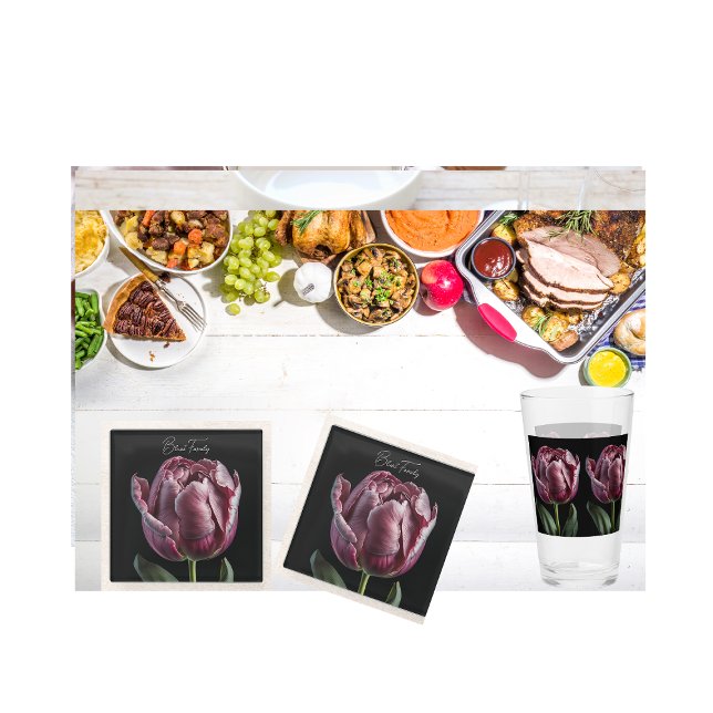 16 0z "Elegant Purple Tulip" American style- Glass (Elegant coaster  with a sleek, smooth glass top, and matching glass.)