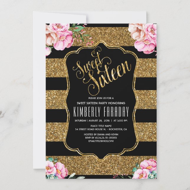 16 Birthday Party - Sweet Sixteen Gold Glitter Invitation (Front)