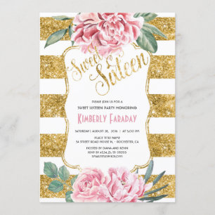 16 Birthday Party - Sweet Sixteen Gold Glitter Invitation