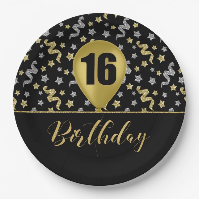 16 Gold Birthday Ballon on Black Gold Confetti Paper Plate (Front)