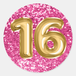 16 Gold Foil Balloons Sparkly Rose Pink Glitter Classic Round Sticker