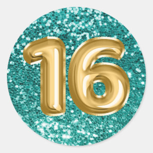 16 Gold Foil Balloons Sparkly Teal Glitter Classic Round Sticker
