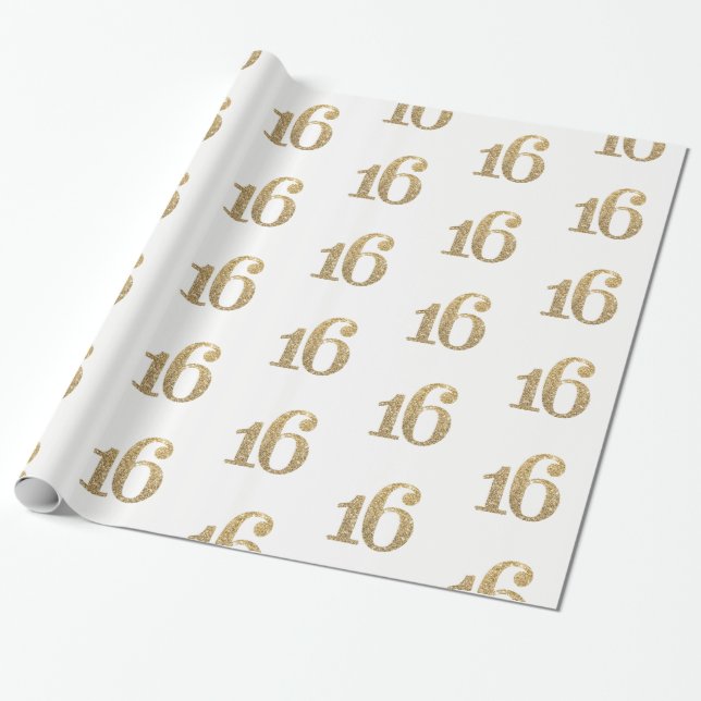 16 GOLD GLITTER NUMBER glamourous sparkly birthday Wrapping Paper (Unrolled)