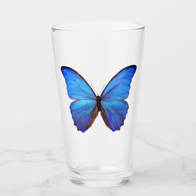 16 oz Glass Blue Butterfly (Front)