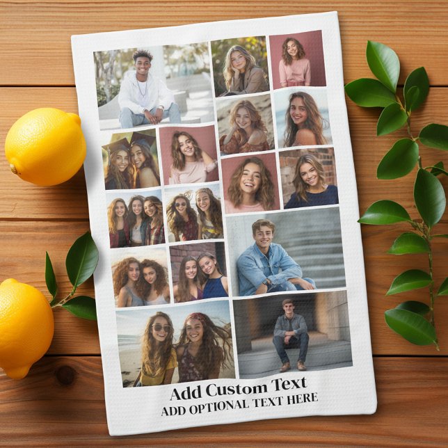 16 Photo Collage - Custom Text - Black and White Tea Towel (Custom Kitchen Towel with Photo Collage)