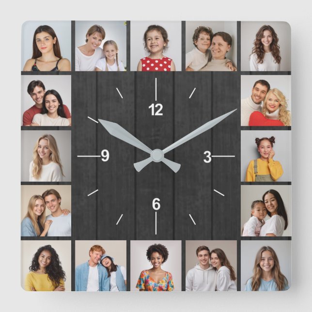 16 Photo Collage Dark Grey Wood Fence Square Wall Clock (Front)