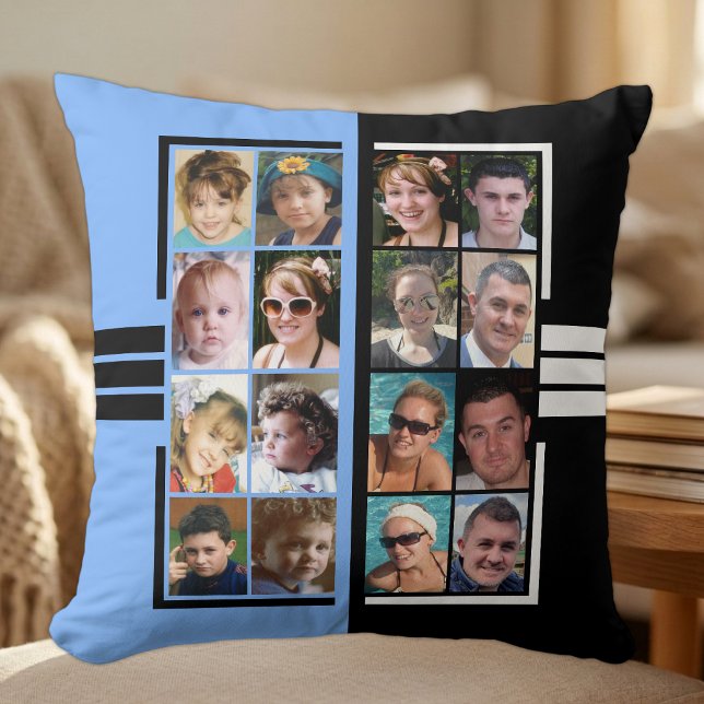 16 photo collage double sided blue black cushion (Creator Uploaded)