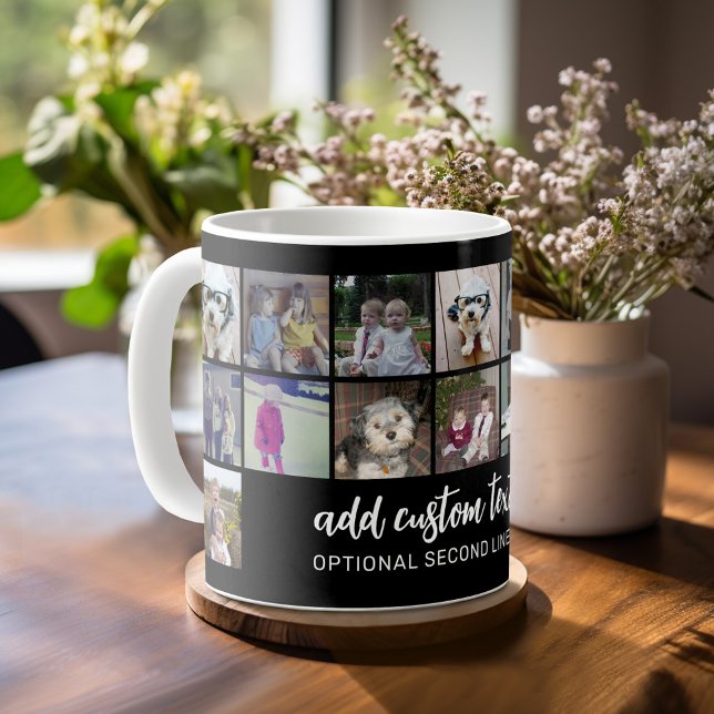 16 Photo Collage Grid - 2 Text boxes - black white Coffee Mug (Mug template with a place for photos and custom text)