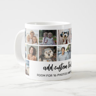 16 Photo Collage Grid - 2 Text boxes - black white Large Coffee Mug