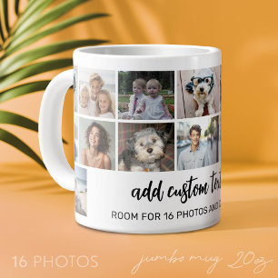 16 Photo Collage Grid - 2 Text boxes - black white Large Coffee Mug
