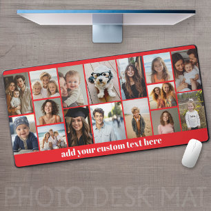 16 Photo Collage Grid - Modern Minimal Red Grid Desk Mat