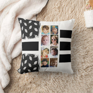 16 photo collage leaves stripes black white cushion