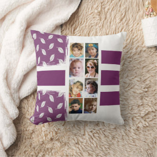16 photo collage leaves stripes purple white cushion
