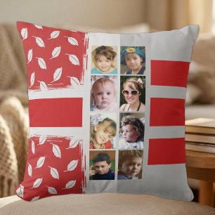 16 photo collage leaves stripes red cushion