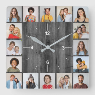 16 Photo Collage Light Grey Faux Wood Fence Square Wall Clock