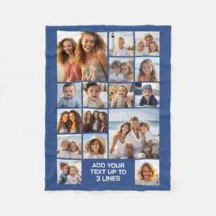 16 Photo Collage Montage and Text - Blue White Fleece Blanket