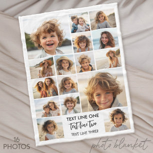 16 Photo Collage Montage and Text - Can Edit White Fleece Blanket
