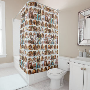 16 Photo Collage Optional Text -- Can Edit Black Shower Curtain