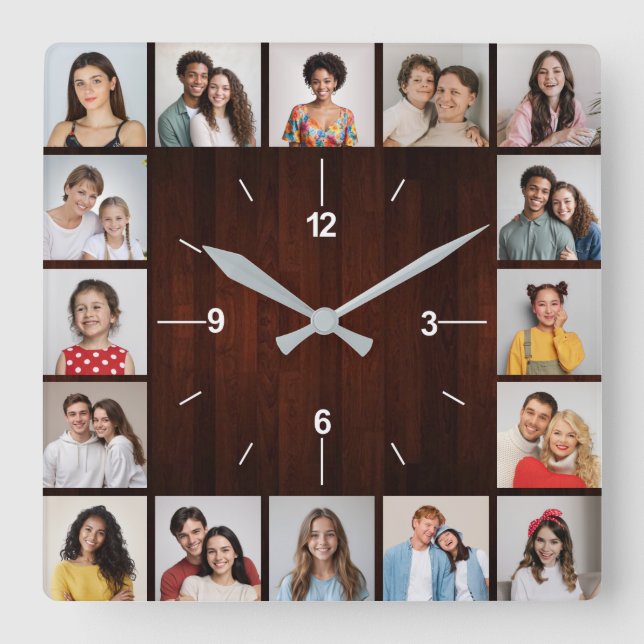 16 Photo Collage Red Faux Wood Fence Square Wall Clock (Front)