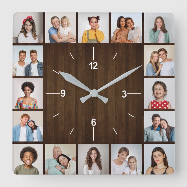 16 Photo Collage Rustic Dark Brown Wood Fence Square Wall Clock (Front)