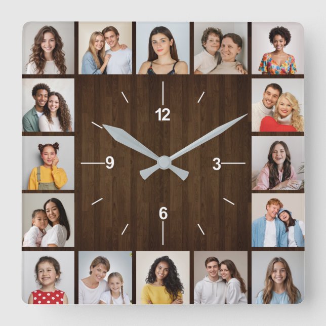 16 Photo Collage Rustic Dark Brown Wood Fence Square Wall Clock (Front)