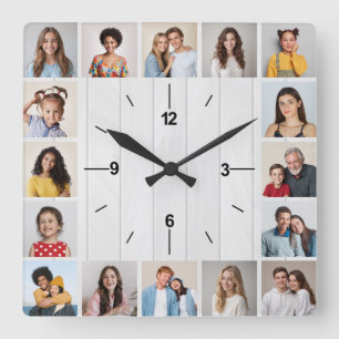 16 Photo Collage Rustic White Faux Wood Fence Square Wall Clock