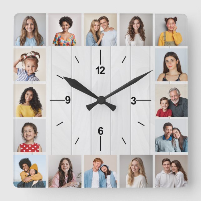 16 Photo Collage Rustic White Faux Wood Fence Square Wall Clock (Front)