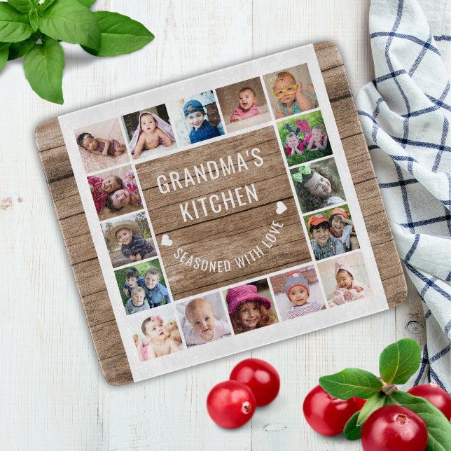 16 Photo Collage Rustic Wood Grandma's Kitchen   Cutting Board (16 Photo Collage Rustic Wood Grandma's Kitchen Cutting Board)