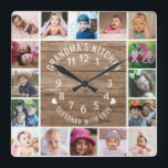 16 Photo Collage Rustic Wood Grandma's Kitchen Square Wall Clock<br><div class="desc">Rustic wood and photo collage wall clock with grandma's kitchen and seasoned with love typography.</div>