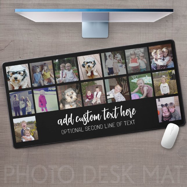 16 Photo Collage - Script White 2 Lines Text Desk Mat (Custom Photo Desk Mat - Add your pics and make a great gaming or home office desk pad!)