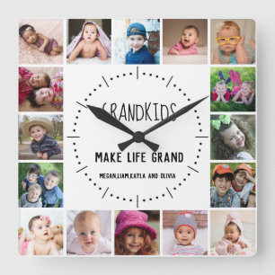 16 Photo Grandkids Make Life Grand Quote White Square Wall Clock