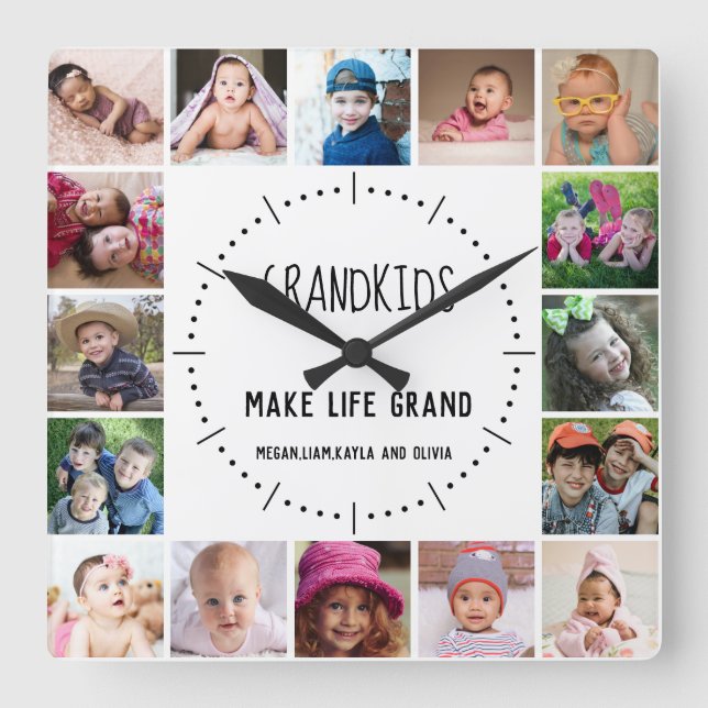 16 Photo Grandkids Make Life Grand Quote White Square Wall Clock (Front)