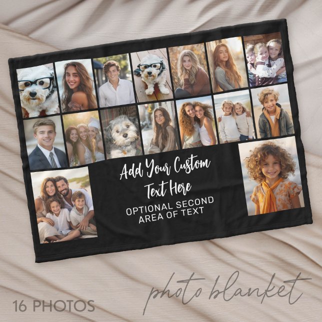16 Photo Grid - 2 lines text - black white Fleece Blanket (Photo Blanket - Personalize with Your Photos)