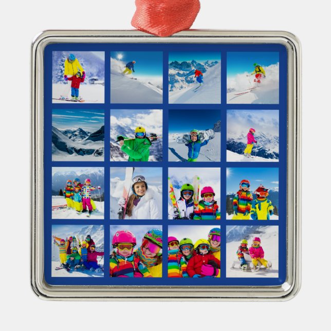 16 Photo Grid Collage Dark Blue Metal Tree Decoration (Front)