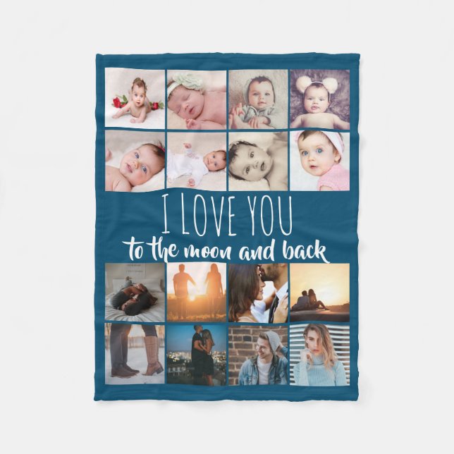 16 photos collage love you to moon and back fleece blanket (Front)